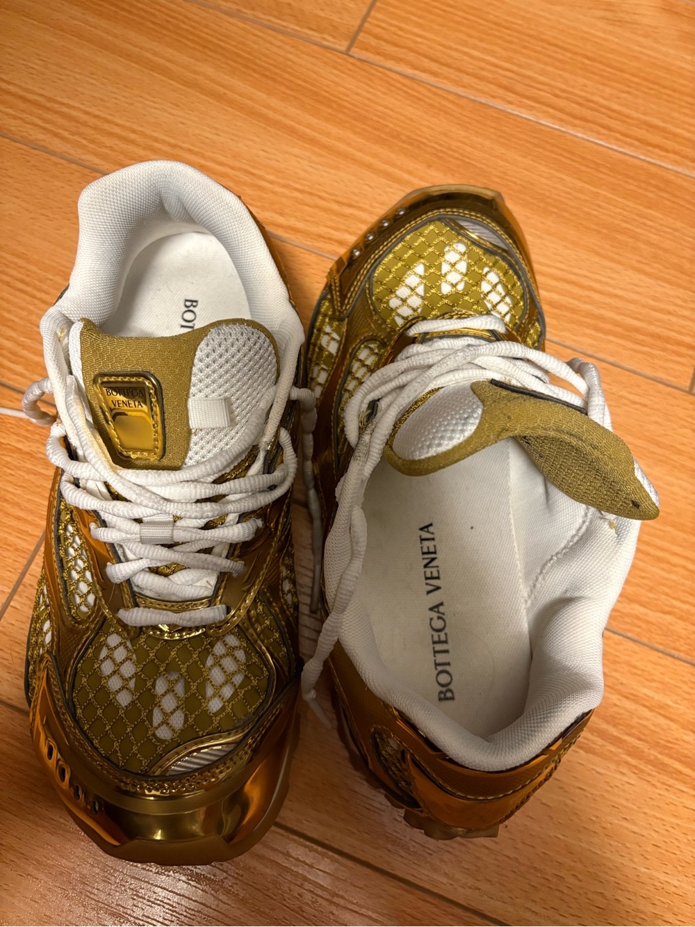 Bottega Veneta Women's Metallic Gold and White Sneakers
